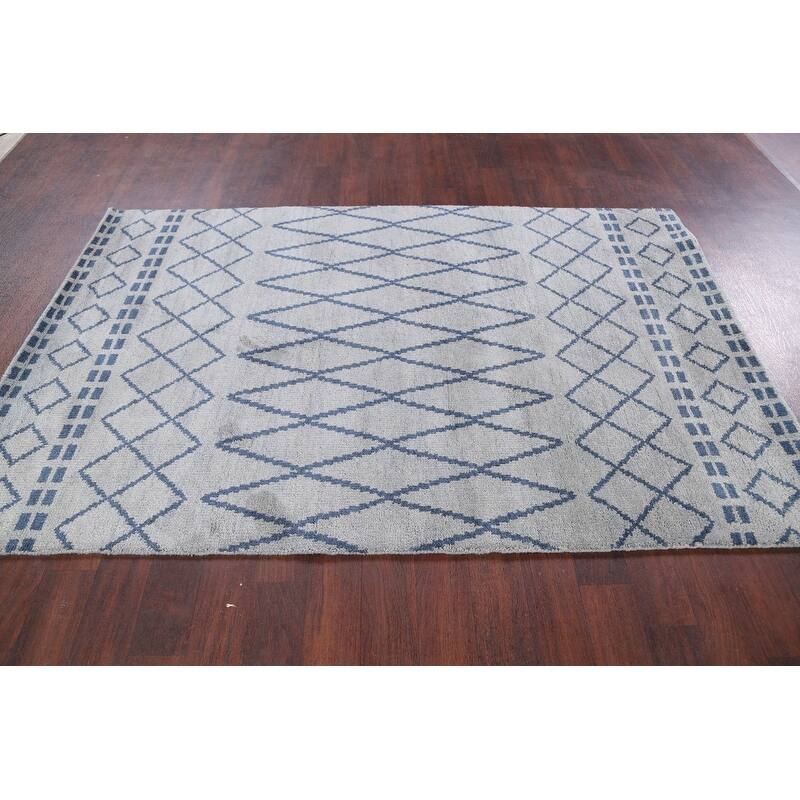 Hand Knotted Oriental 100% Wool Carpet Modern Geometric Greys & Charcoal Moroccan Area Rug - 7' 8'' X 5' 1''