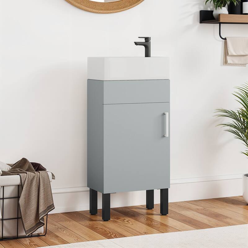 Moasis 16 Inch Bathroom Vanity with Sink, Freestanding Bathroom Cabinet Vanity with 1 Soft Closing Cabinet - Grey