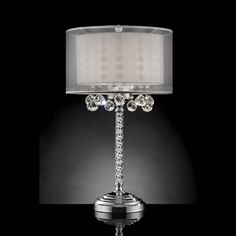 Silver Metal Crystal Swirl Bedside Lamp with White Linen Drum Shade - 17” x 17” x 30” (D x W x H)