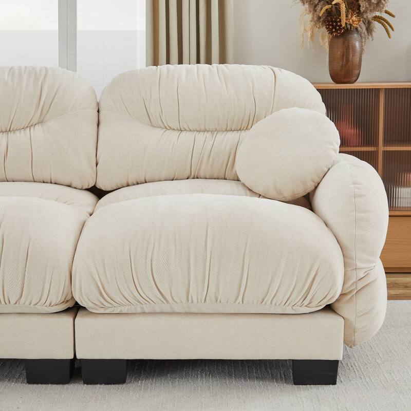 116" Chenille Pleated Design Sectional Sofa with Ottoman and 2 Round Pillows