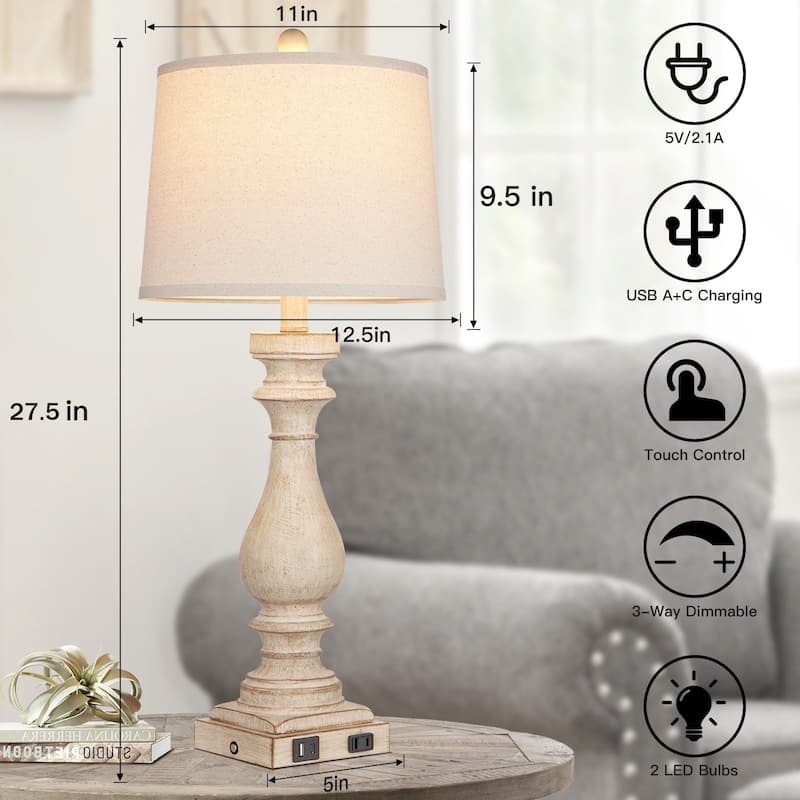 27.5'' Beige Bedside Resin Table Lamps with Built-in USB Ports, and Touch Control (Set of 2) - 12.5'' x 12.5'' x 27.5''