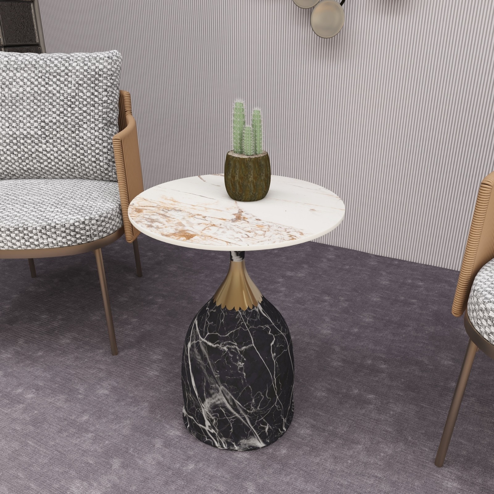 Oslo Round Sintered Stone Tabletop Side Table with Gold Accent and Stainless Steel Pedestal Base for Living Room or Office
