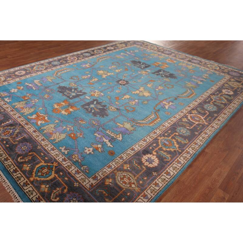 Blue Oushak Oriental Area Rug Handmade Wool Carpet - 8'11" X 11'8"