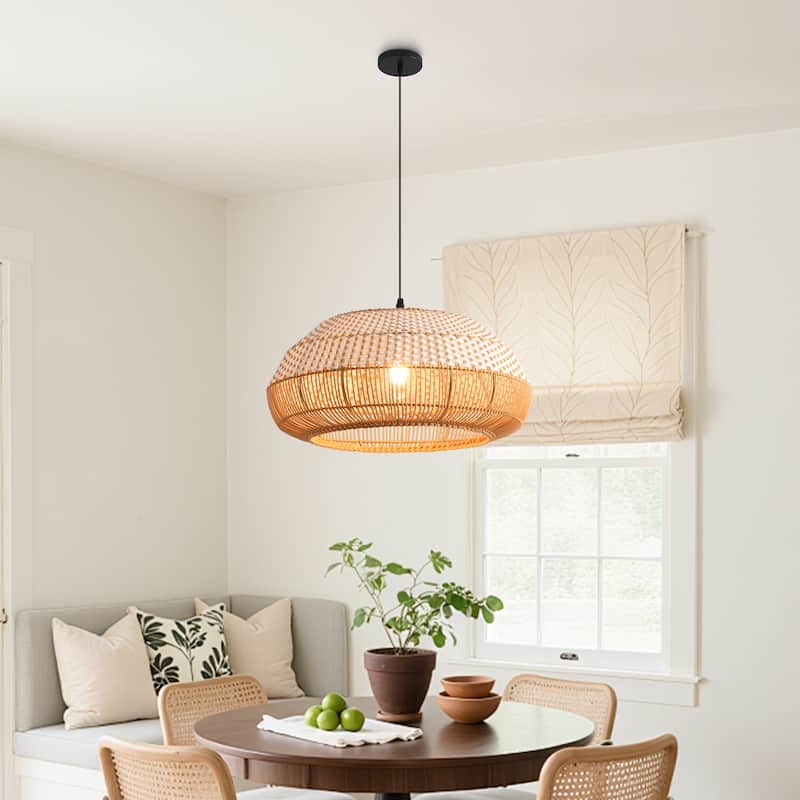 18.9" Boho White Hand Woven Rattan Caged Pendant Light for Kitchen Island, Dining Room and Living Room