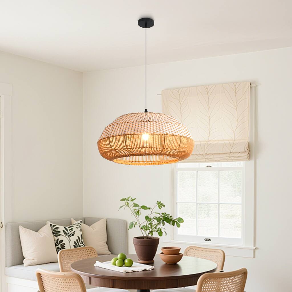 18.9" Boho White Hand Woven Rattan Caged Pendant Light for Kitchen Island, Dining Room and Living Room