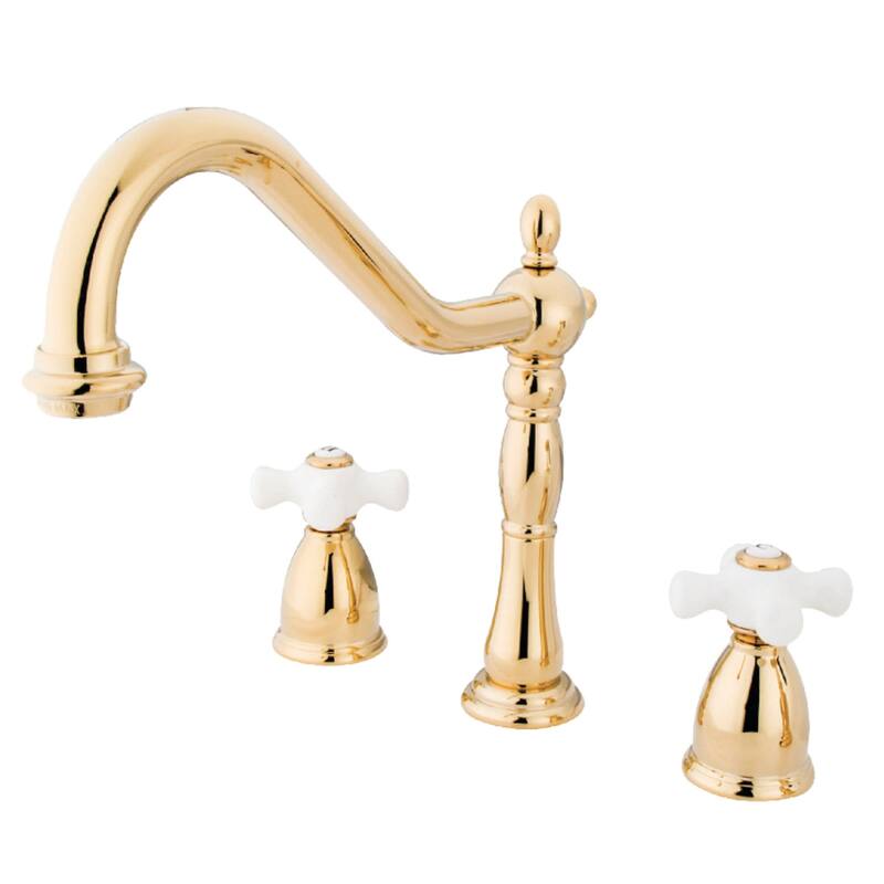 Kingston Brass Heritage Widespread Kitchen Faucet with Porcelain Cross - Polished Brass