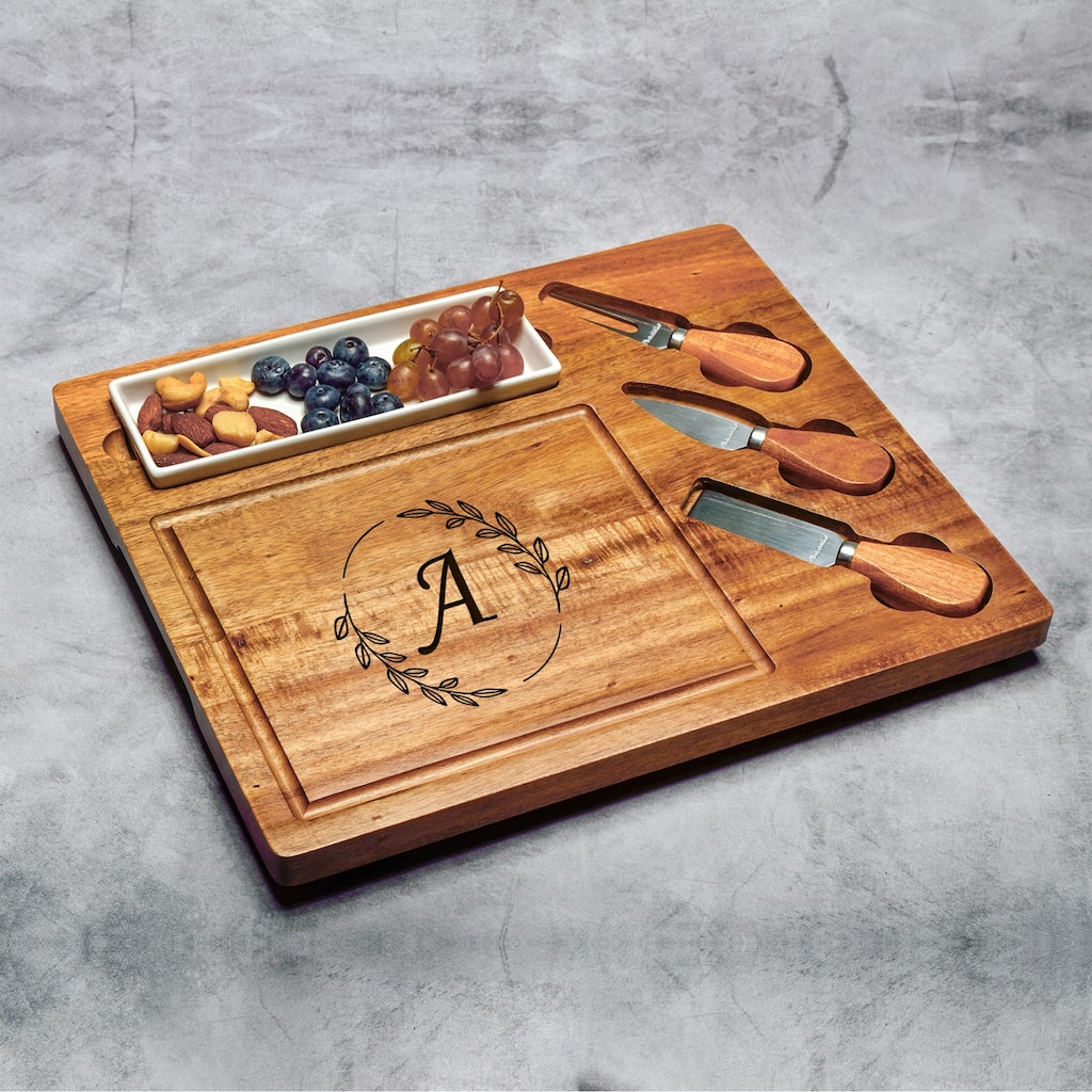 Picnic at Ascot Personalized Acacia Charcuterie Board Set with Ceramic tray & Cheese Tools