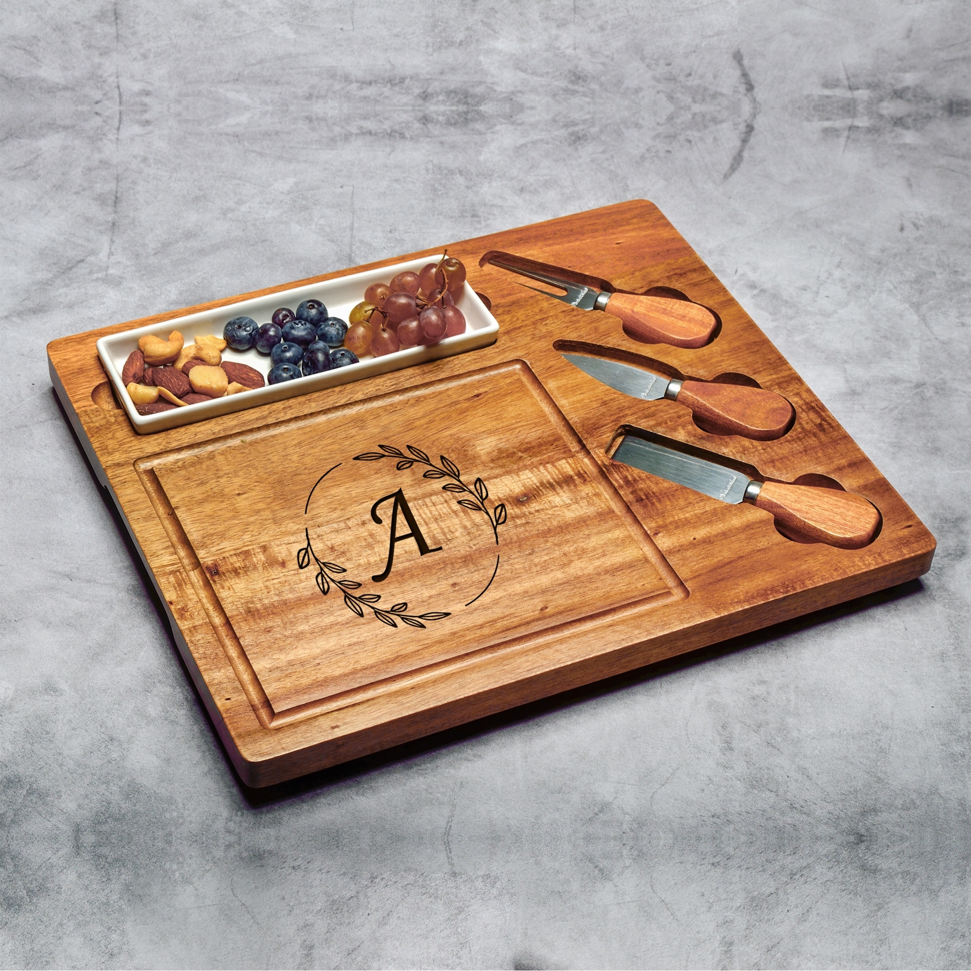 Picnic at Ascot Personalized Acacia Charcuterie Board Set with Ceramic tray & Cheese Tools