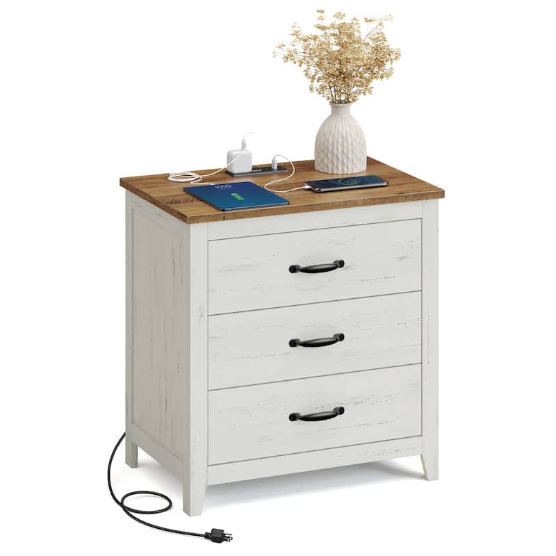 Rustic Farmhouse 3 Drawer Nightstand End Table with Power Outlets and USB Ports for Bedroom