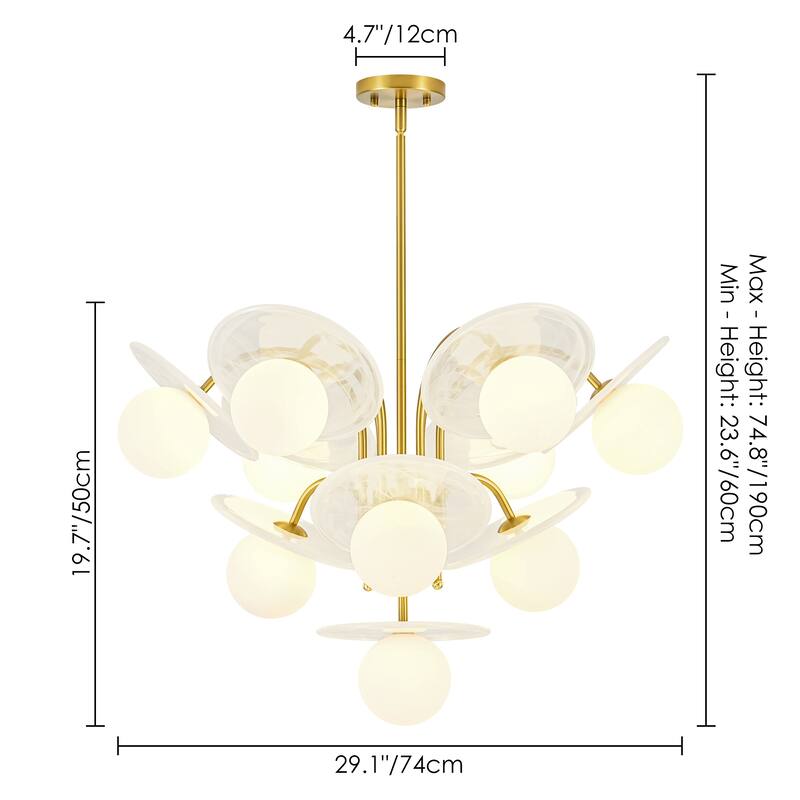 29.1" W 10-Light Mid-Century Chandelier with Cloud Glass Discs and Opal Globes in Brushed Gold