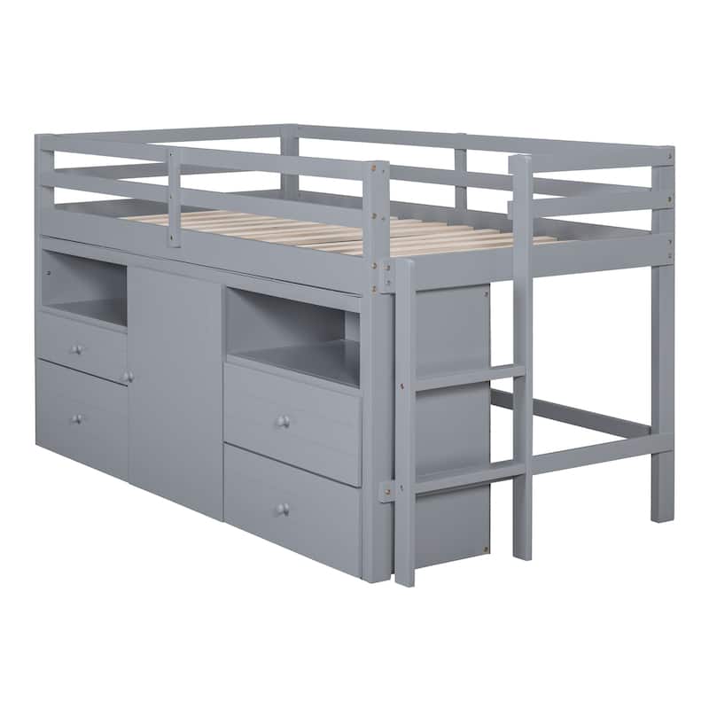 Twin Size Loft Bed with 4 Drawers, Underneath Cabinet and Shelves, White