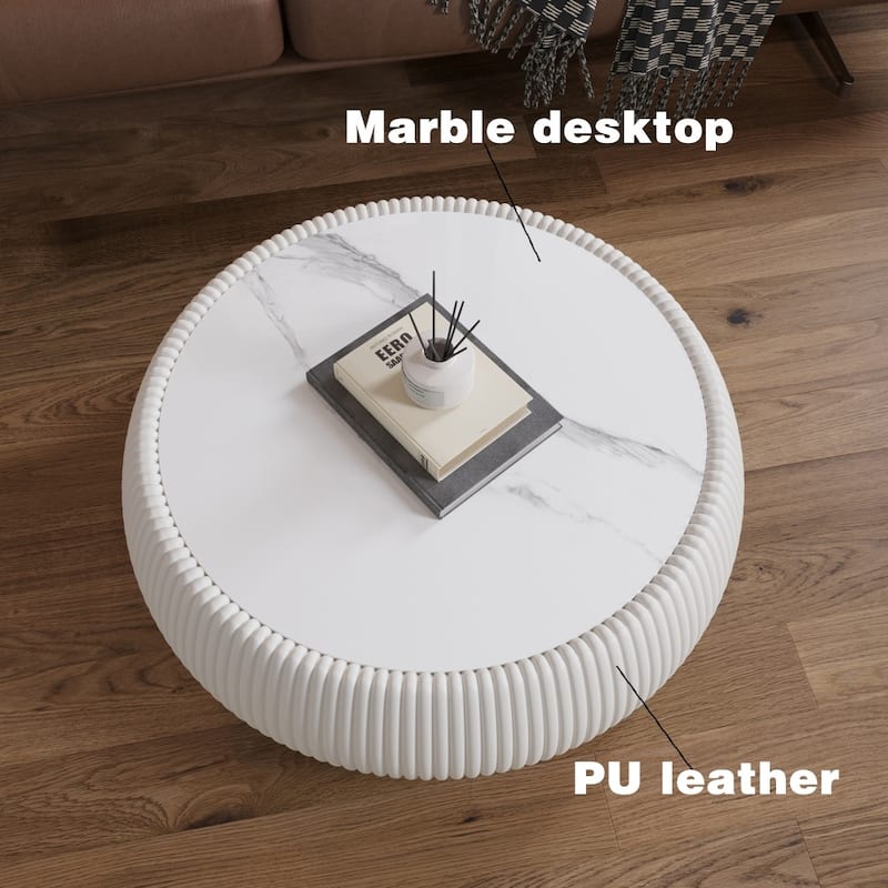 27.55" Modern Drum-shaped Marble Top Coffee Table with Microfiber Leather