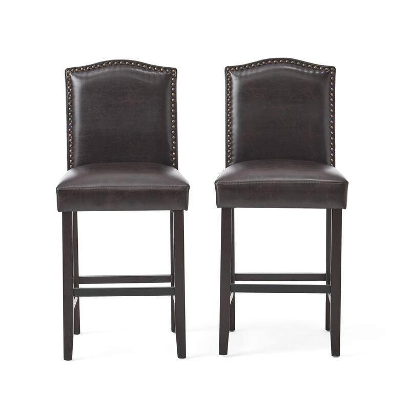 Counter Height Chair Set of 2, Nailhead Trim, Brown and Walnut Faux Leather