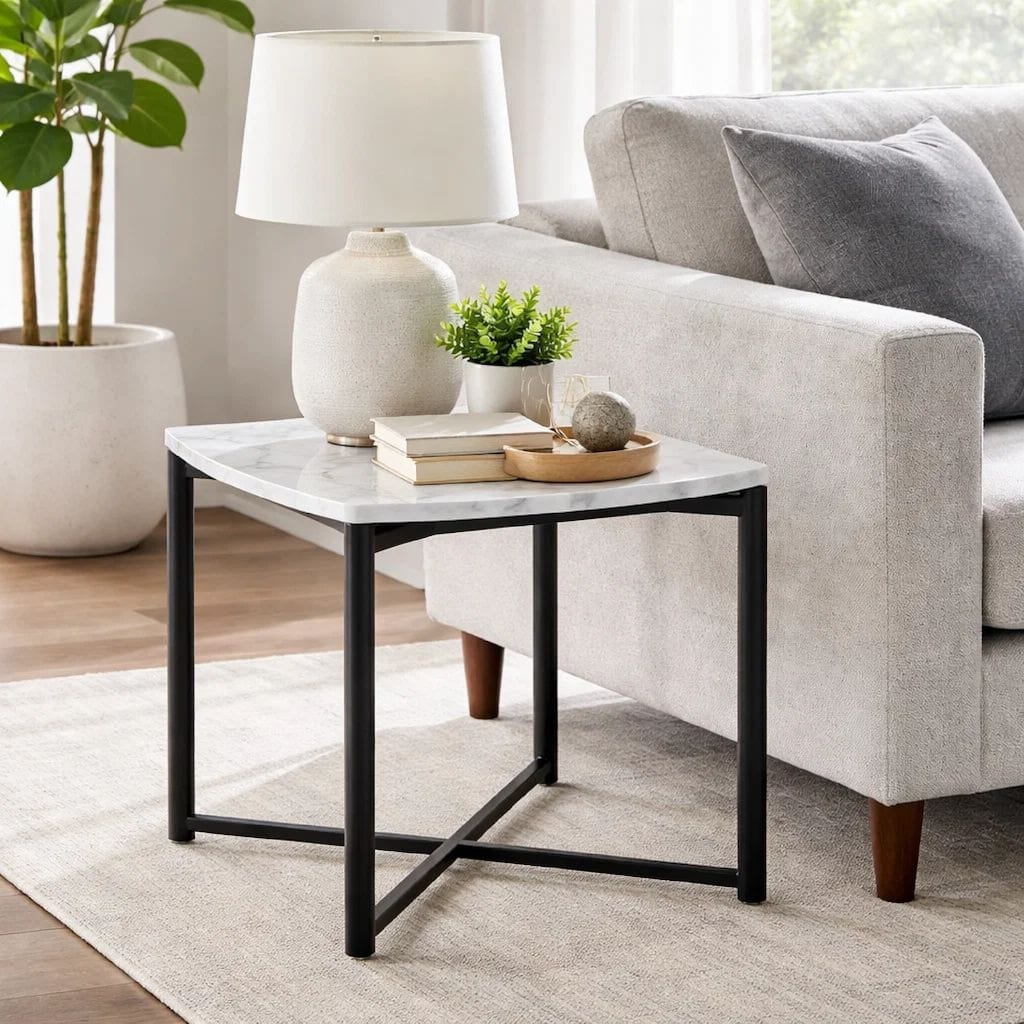 20 Inch Modern Side End Table, Carrara Marble Top, Steel Frame, Smooth Gray