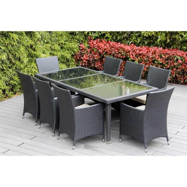 Ohana Outdoor Patio 9 Piece Black Wicker Dining Set with Cushions