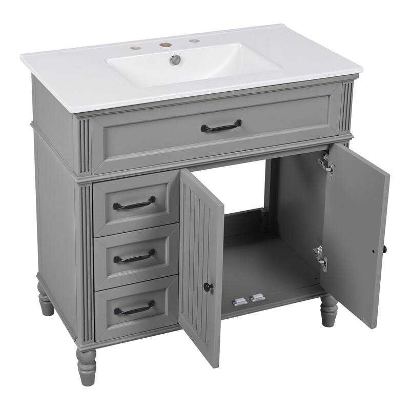 Roomfitters 36" Bathroom Vanity with Integrated Ceramic Sink, Solid Wood Frame and Soft-Close Storage