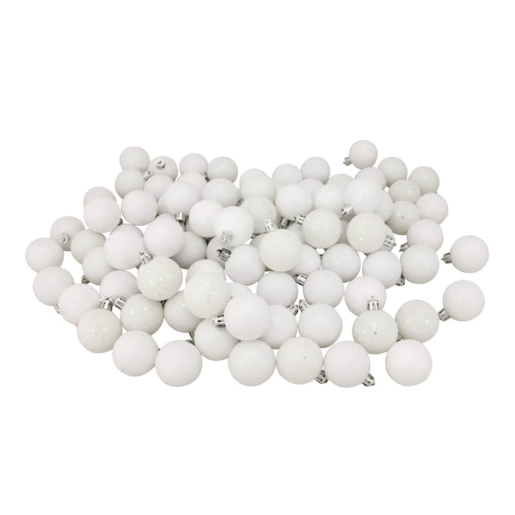 96ct Winter White Shatterproof 4-Finish Christmas Ball Ornaments 1.5"