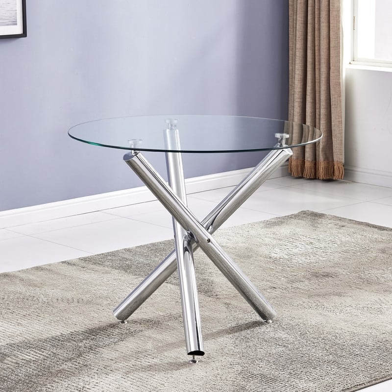 Round Transparent Glass Top Dining Table with Cross Leg - Silver