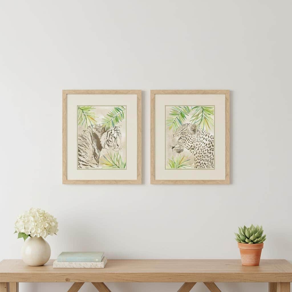 HomeRoots Set Of Two Boho Jungle Cat Brown Framed Wall Art