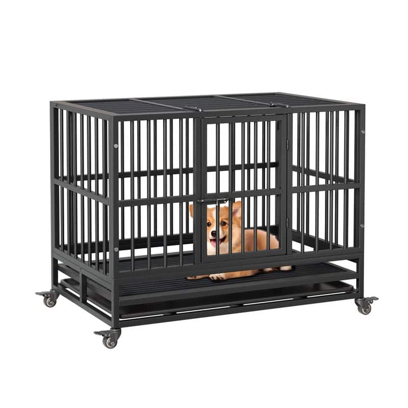 Heavy Duty Dog Crate withDouble Door Wheels ChewProof Metal Kennel for Small Dogs Easy to Assemble