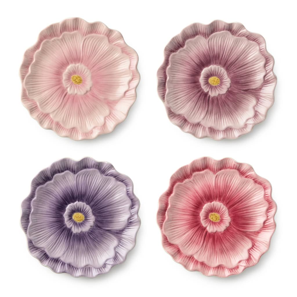 Certified International Wildflowers 3-D Floral Dessert Plates, Set of 4 Assorted Designs - 8.00"L x 8.00"W x 1.00"H