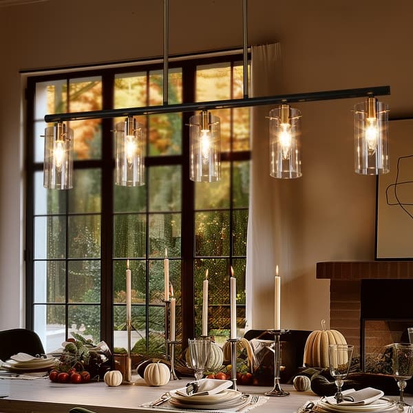 slide 2 of 11, Alva Modern 5-Light Black Gold Chandelier Glass Linear Island Lights for Dining Room - 36" L x 3" W x 8" H