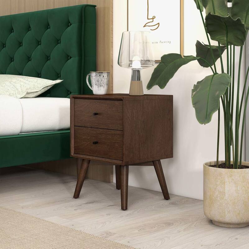 GDFStudio - Caroline Modern 2-Drawer Solid Wood Nightstand with Walnut Finish for Bedroom or Living Room