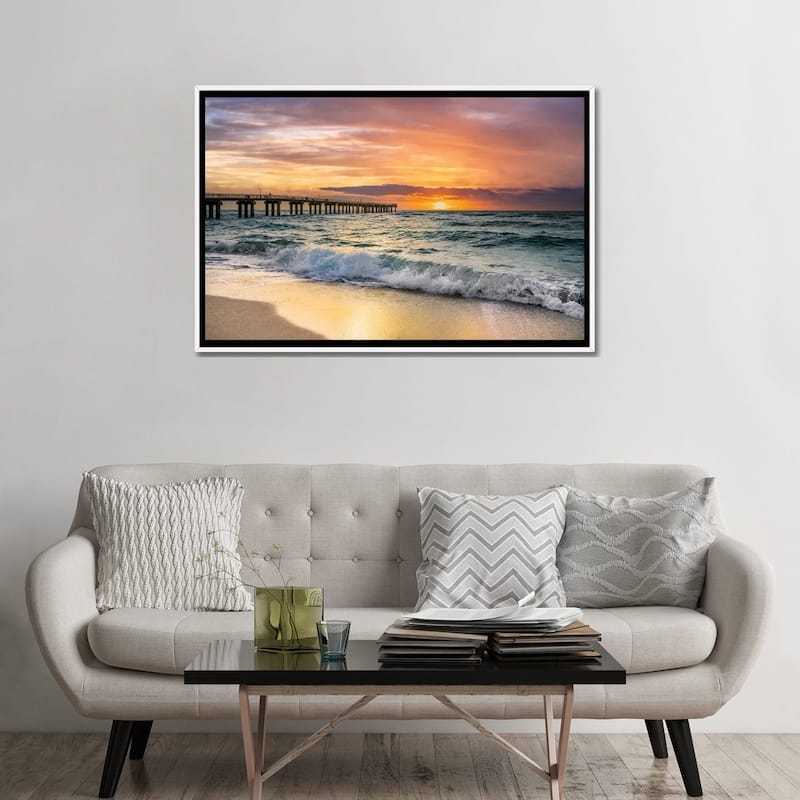 iCanvas "Summer Sunrise at the Beach with Fishing Pier, Miami Florida" by Susanne Kremer Framed Canvas Print