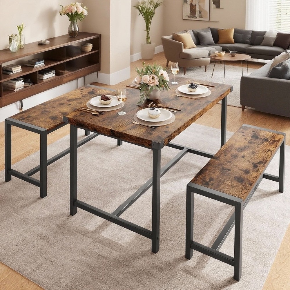 Dining Table Set for 4 with 2 Benches