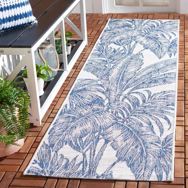 SAFAVIEH Courtyard Arusyak Transitional Indoor/Outdoor Rug - 2'3" x 8' Runner - Ivory/Navy