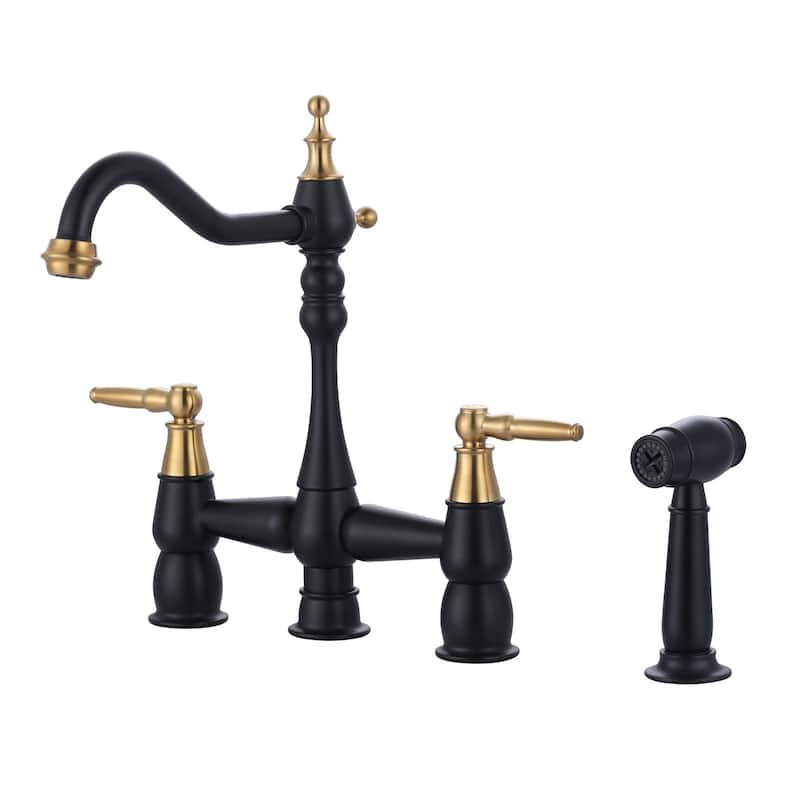 WOWOW 4 Hole Double Handle Bridge Kitchen Faucet with Side Sprayer - Gold and Black