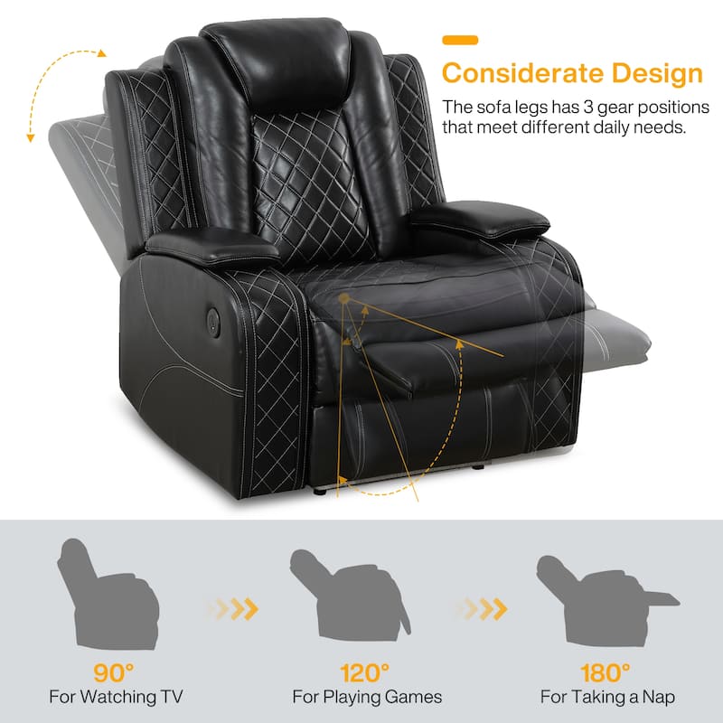 Modern 3-Piece Leather Recliner Sofa Set with LED, Wireless Charging