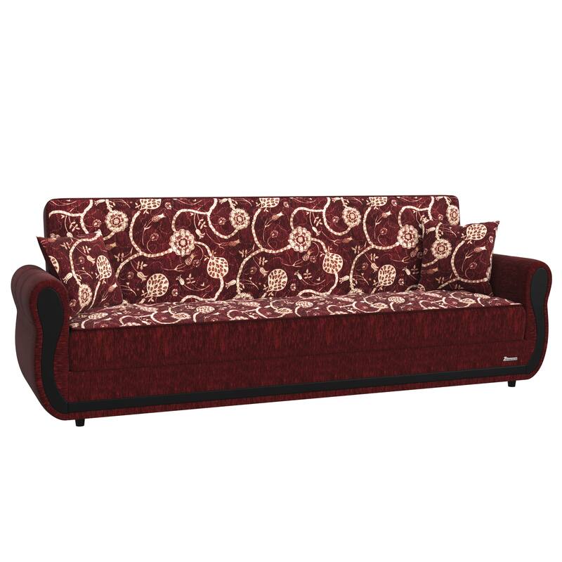HomeRoots 90" Burgundy Chenille Convertible Futon Sleeper Sofa And Toss Pillows With Storage