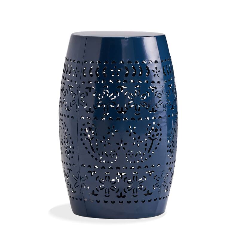 Glena Side End Table, Barrel Shape Lace Cut Design, Blue Iron 12 Inch