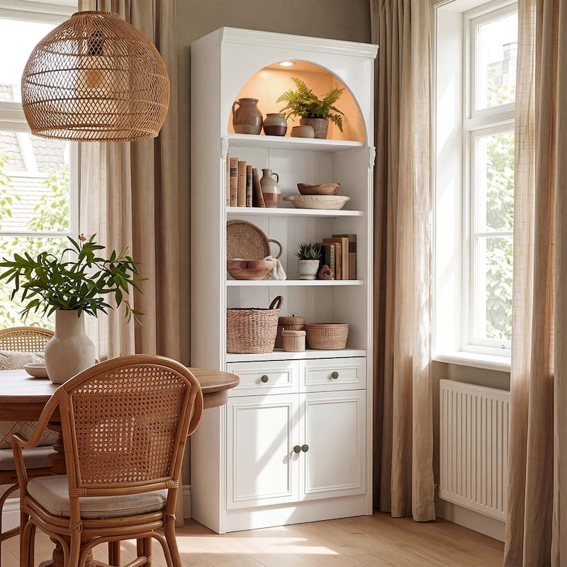 Modular White Bookcase with LED Lights & Glass Doors, 86.6" Tall Arched Display Cabinet Solid WoodStorage Cabinet