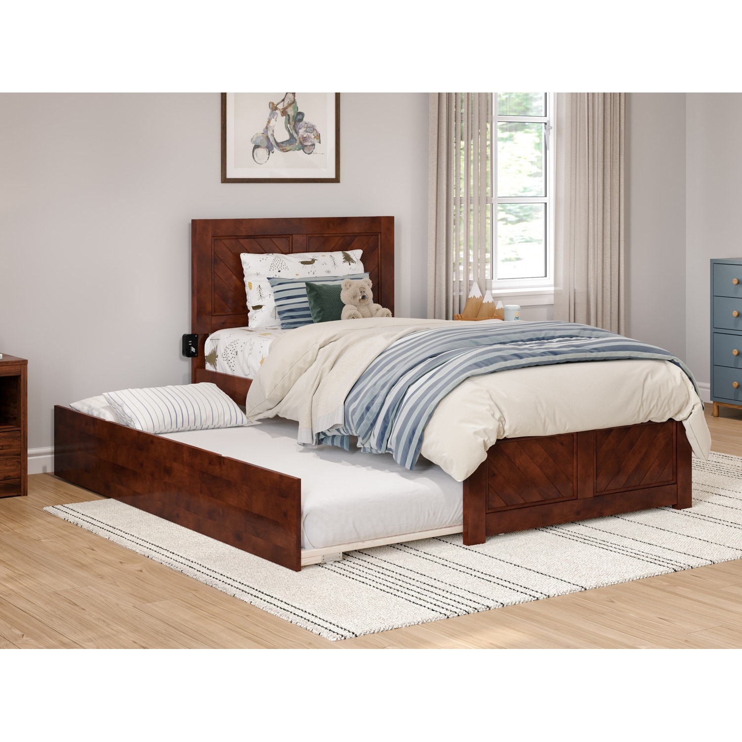 Twin Platform Bed with Trundle & Headboard Footboard - Walnut Finish Bedroom Furniture