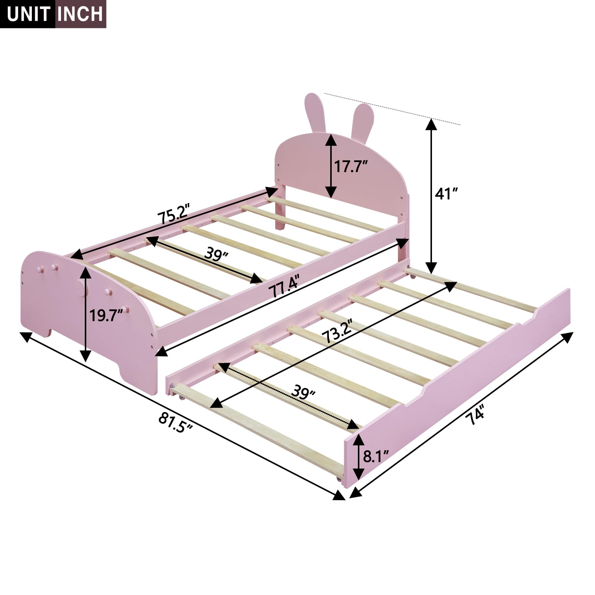 Pink Twin Size Platform Bunk Bed w/ Trundle Upholstered Bed Frame ...