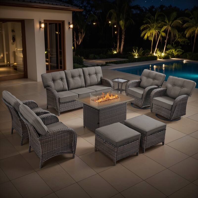 Gymojoy 9-Piece Outdoor Wicker Patio Furniture Sofa Set with 55,000 BTU Fire Pit Table, Swivel Chairs, Ottomans & Side Tables