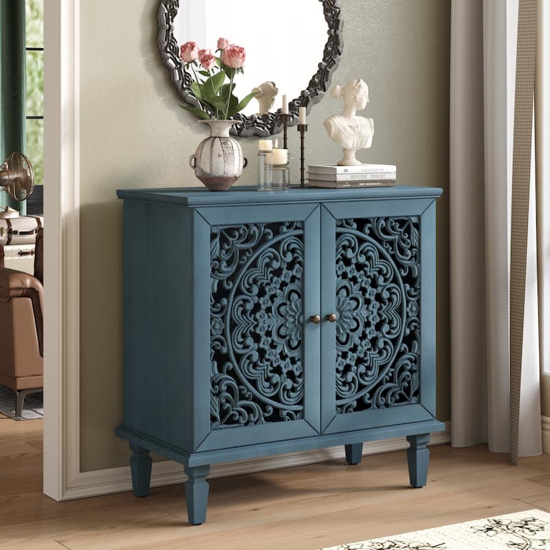 GDF Studio - Vintage Hollow-Carved Accent Cabinet, 2-Door Display Sideboard with Adjustable Shelf - Antique Blue