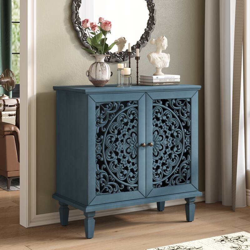 Modern Storage Cabinet withTempered Glass Door, Gold Legs ,3 Drawers and Display Shelf - Antique Blue