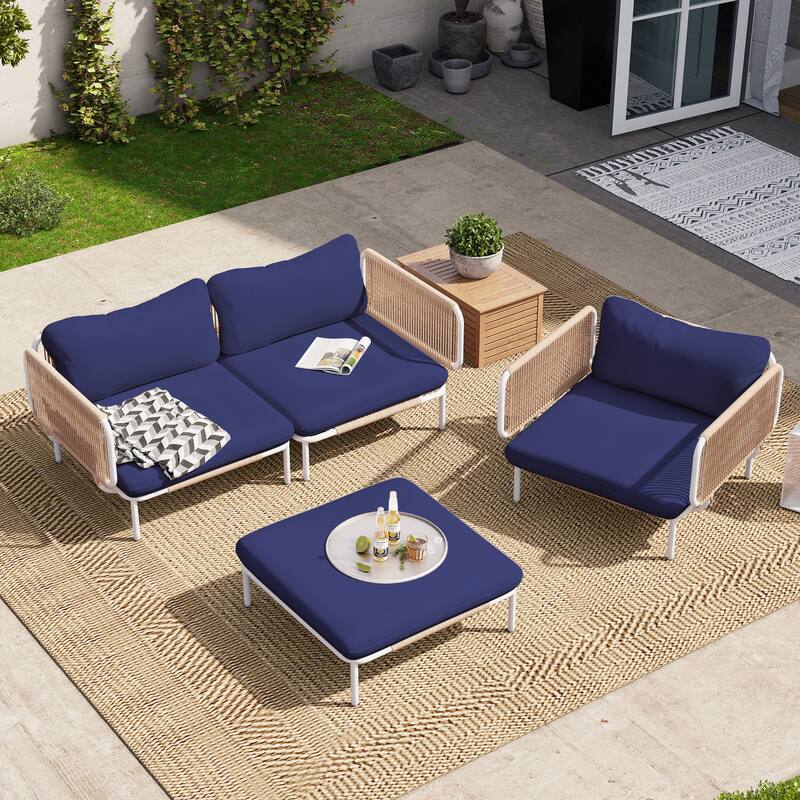 Outdoor Cushioned Sectional Sofa Chat Set Patio Furniture Conversation Set, Free Combination - 4-piece seats - Navy Blue, 4pcs seats & 7 arms