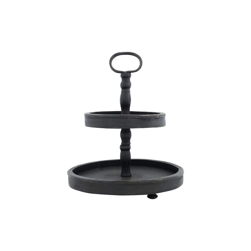 Distressed Wood 2-Tier Tray with Metal Handle - Black