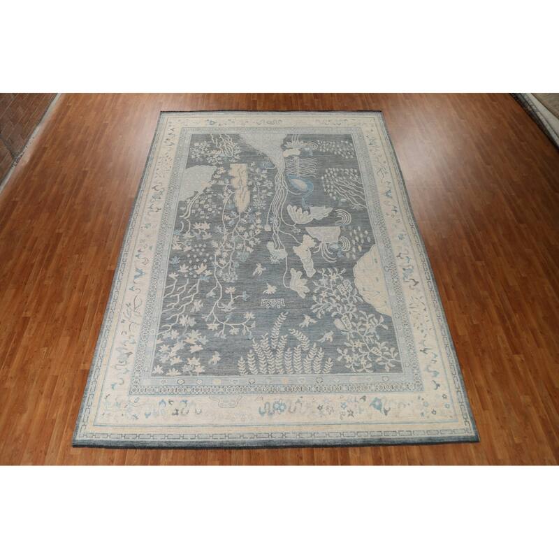 Hand Knotted Oriental 100% Wool Carpet Traditional Floral Greys & Charcoal Art Deco Area Rug - 14' 0'' X 9' 10''