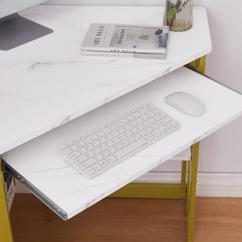 VECELO Triangular Corner Desk with Keyboard Tray Space Saving Metal Computer Desk for Home Office Study Bedroom