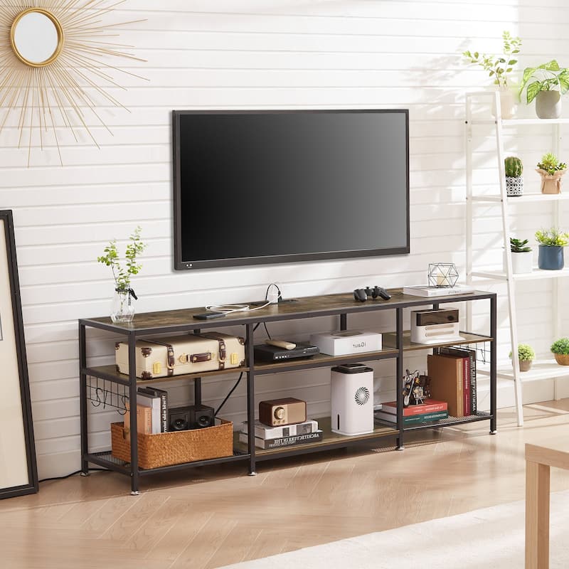 VECELO Wood TV Stand with Charging Station with Metal Frame, Storage Shelves Entertainment Center TV Cabinet