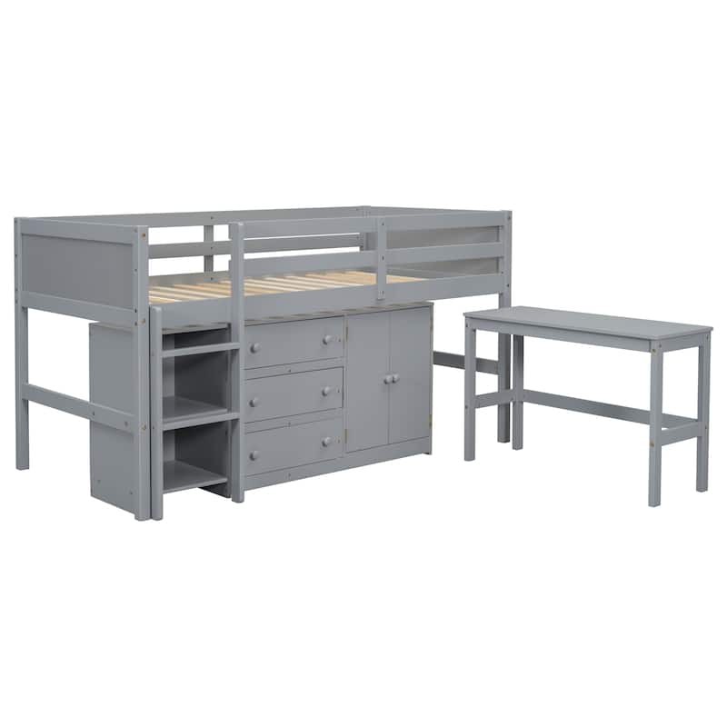 Twin Loft Bed with Pull-Out Desk, Drawers, Cabinet, and Shelves for Kids