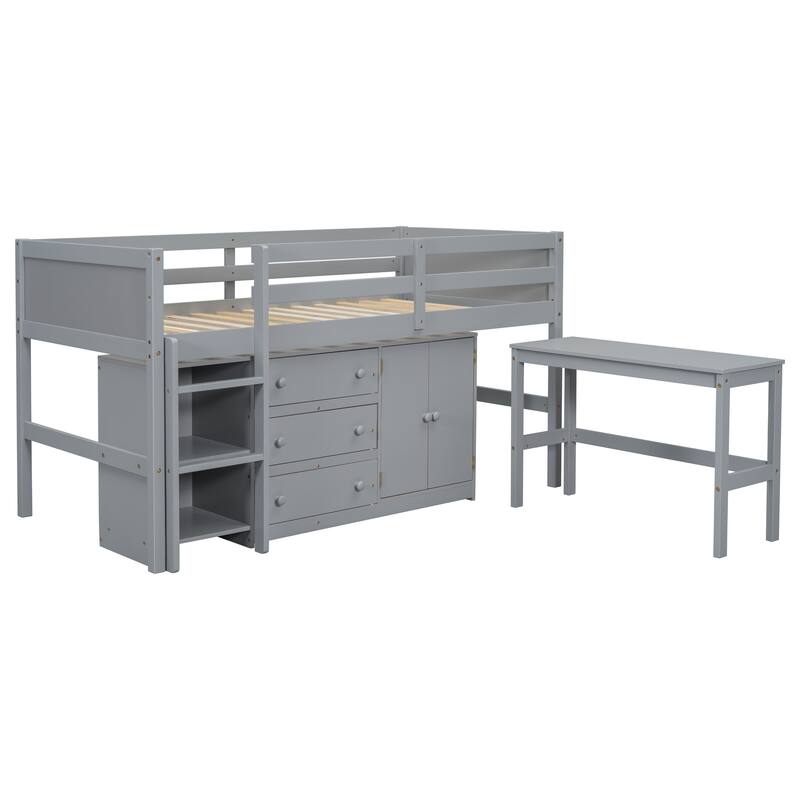 Twin Size Wood Low Loft Bed with Pull-Out Desk