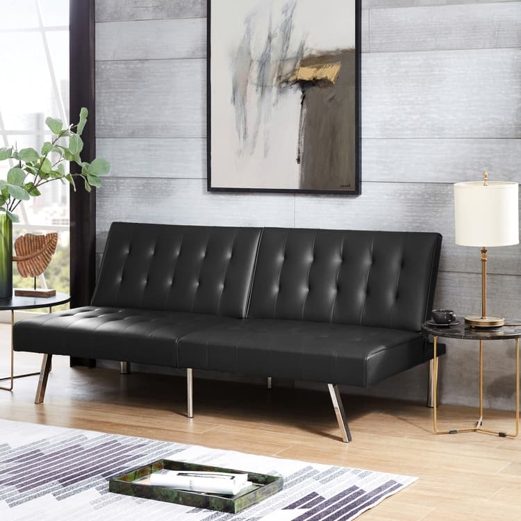 Tufted Mid-Century Modern Split Back Futon Sofa Couch Bed with Chrome Legs - Black, Linen