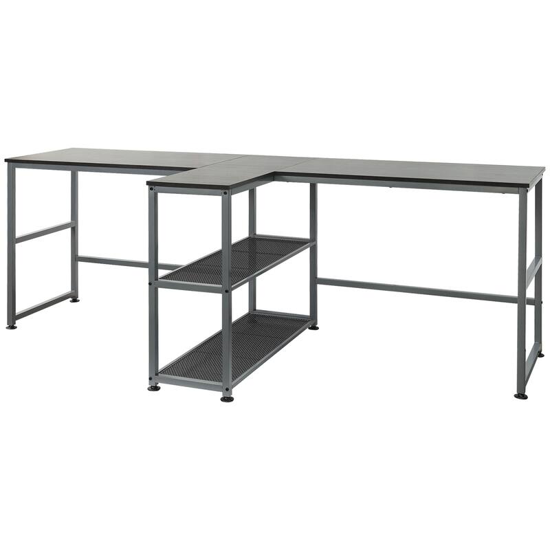 Industrial Double Workstation Desk with Built In Shelving and Steel Frame for Shared Home Office Spaces