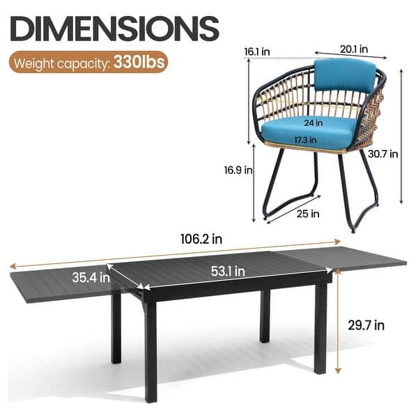 dimension image slide 0 of 10, 5/7/11-Piece Set Outdoor Aluminum Extendable Patio Dining Set Rectangle Table with Rattan Chairs